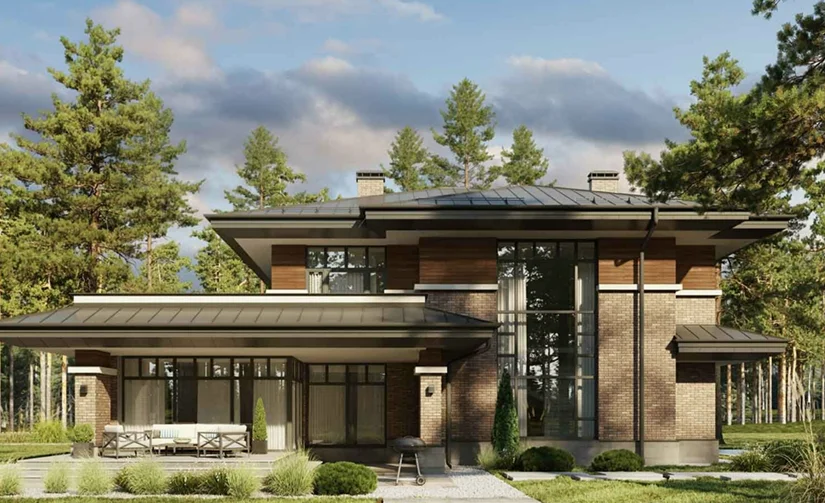 фасад дома стиле Райта