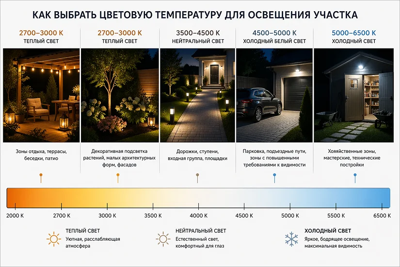 выбор цветовой температуры для освещения участка