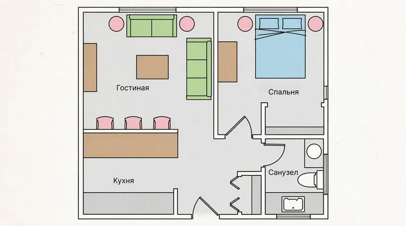 совмещенная гостиная с кухней
